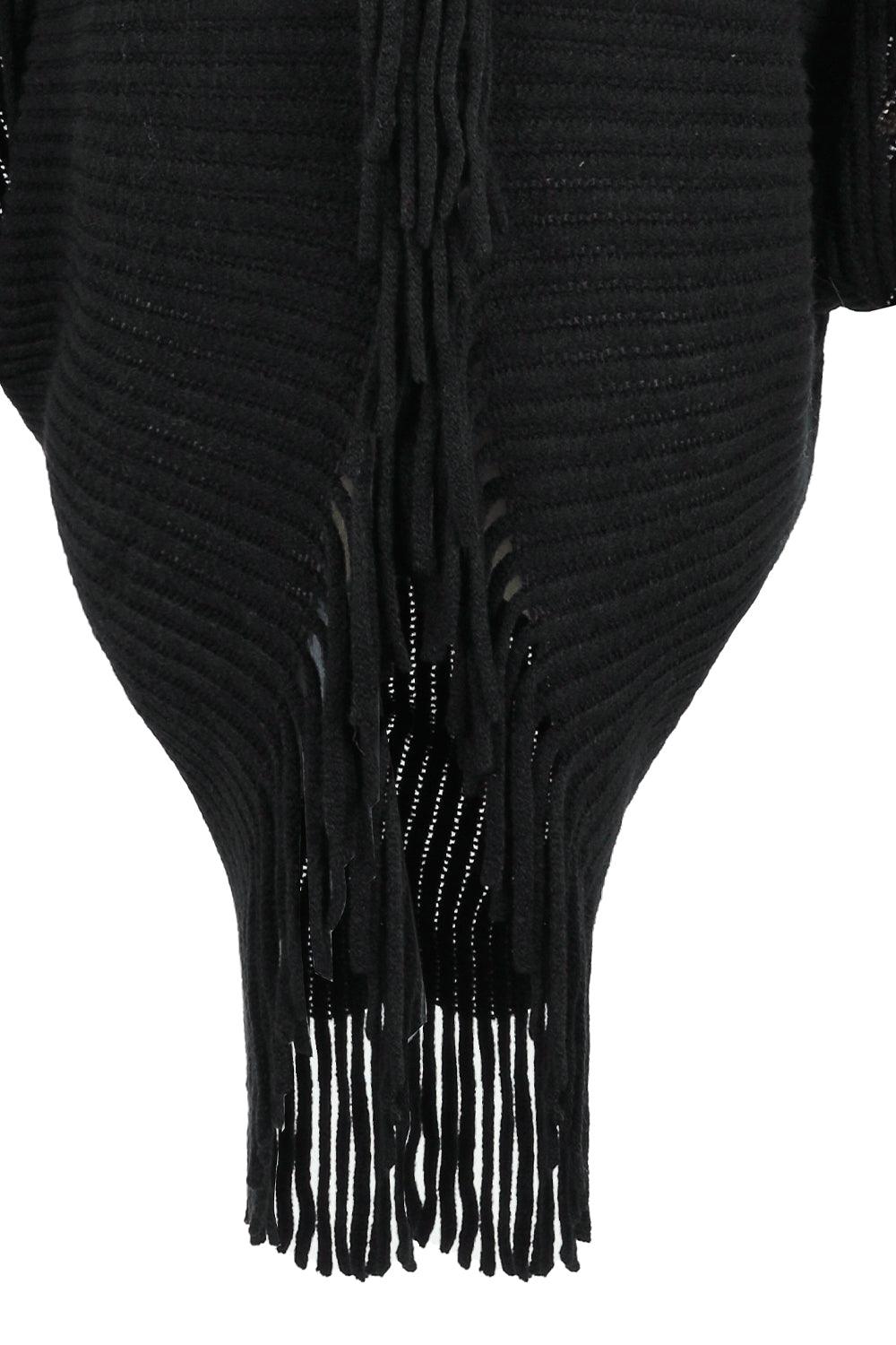 Fringe Detail Long Sleeve Ribbed Poncho - Vesteeto