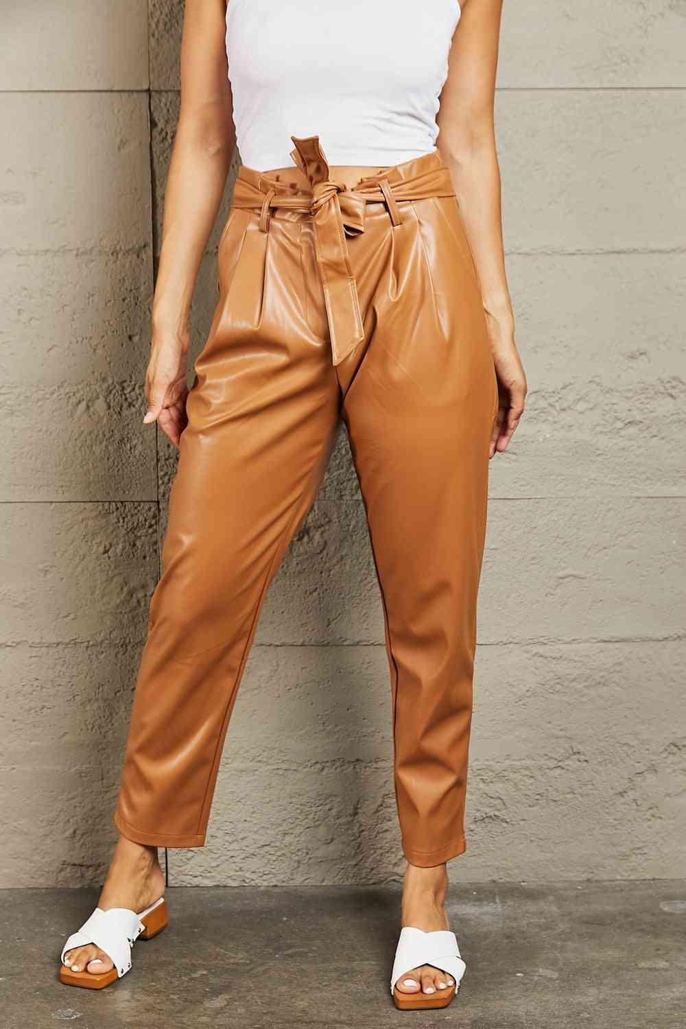 HEYSON Powerful You Full Size Faux Leather Paperbag Waist Pants - Vesteeto