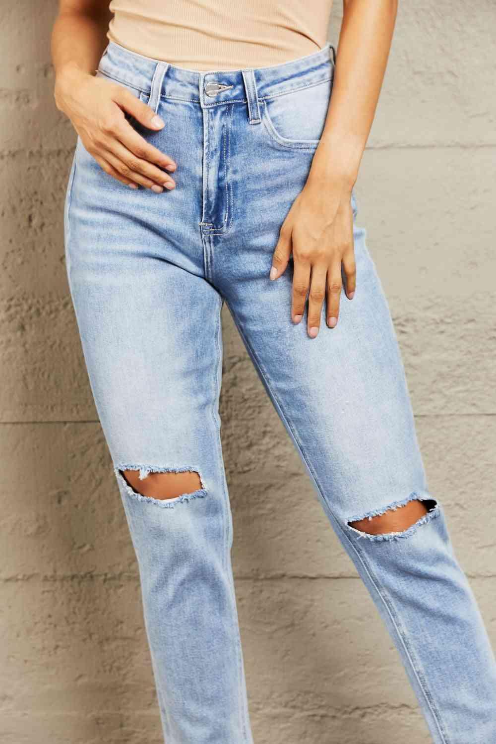 BAYEAS High Waisted Distressed Slim Cropped Jeans - Vesteeto