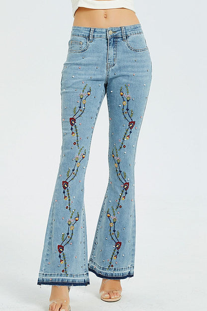 Full Size Flower Embroidery Wide Leg Jeans - Vesteeto