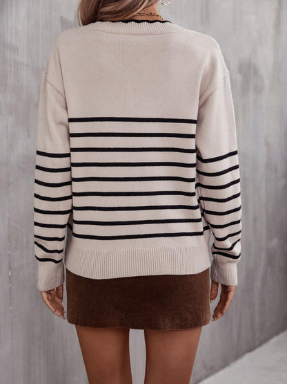 Striped V-Neck Drop Shoulder Sweater - Vesteeto