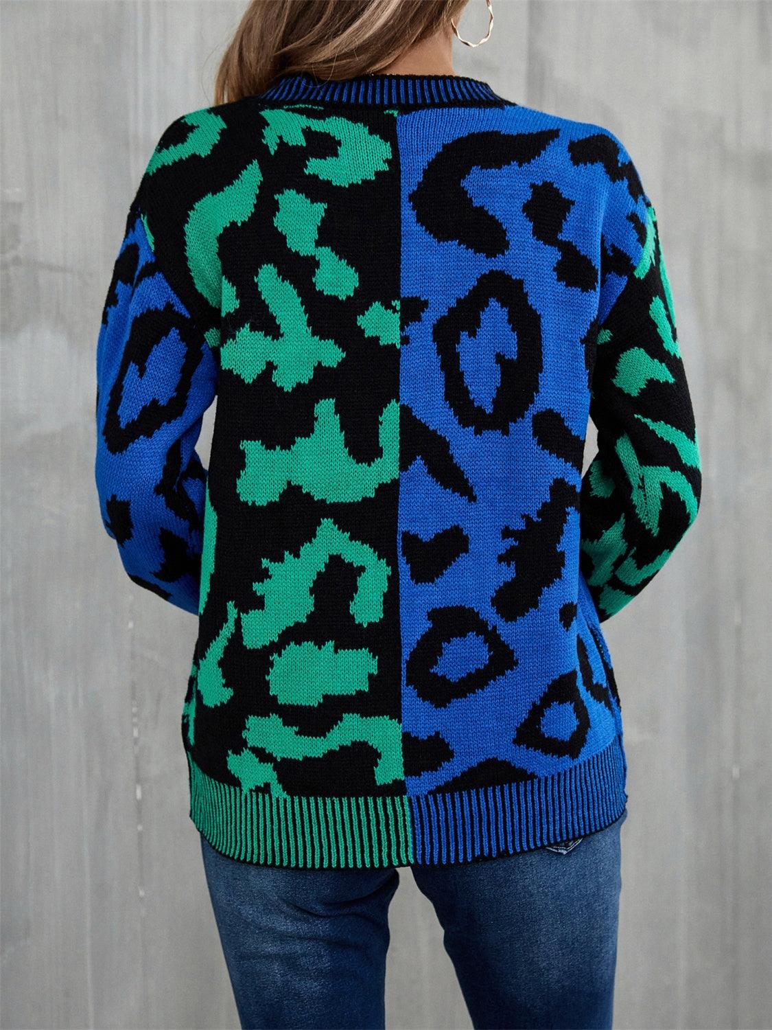 Leopard Round Neck Long Sleeve Sweater - Vesteeto