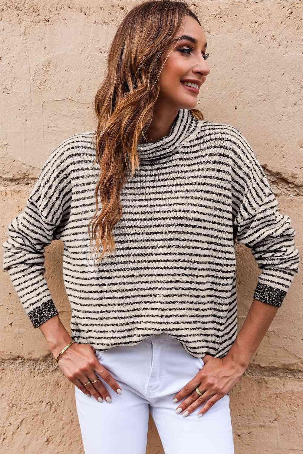 Striped Drop Shoulder Turtleneck Sweater - Vesteeto