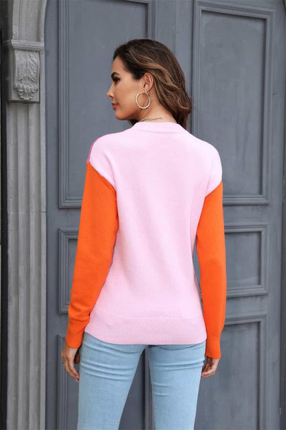 Round Neck Contrast Color Dropped Shoulder Sweater - Vesteeto