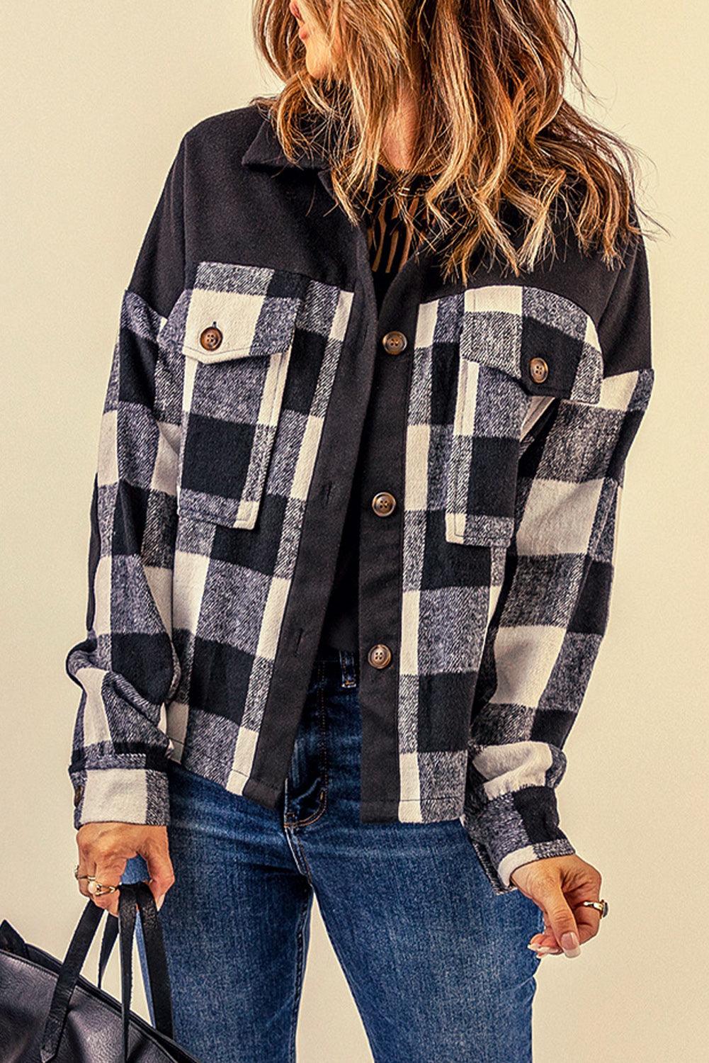 Double Take Plaid Button-Up Shirt Jacket with Pockets - Vesteeto
