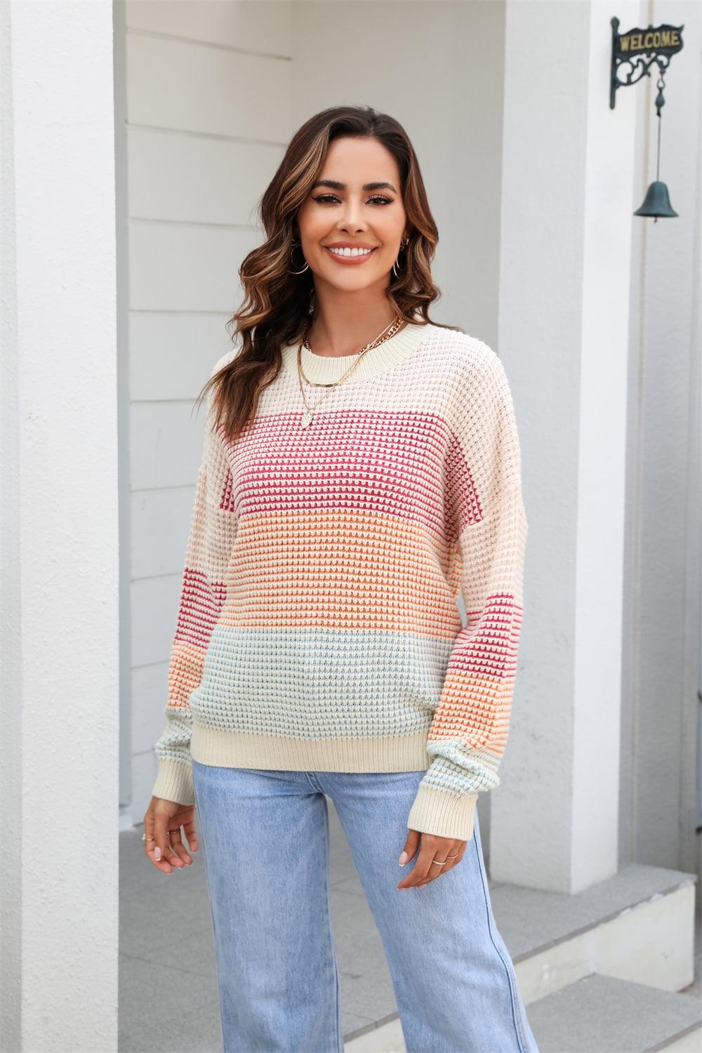 Waffle-Knit Round Neck Dropped Shoulder Color Block Sweater - Vesteeto