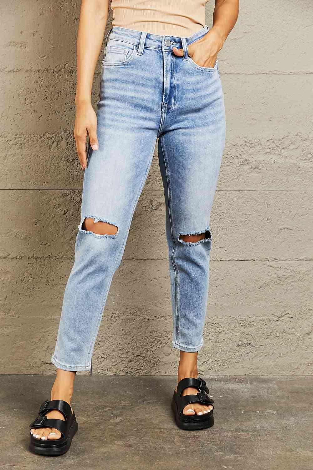 BAYEAS High Waisted Distressed Slim Cropped Jeans - Vesteeto