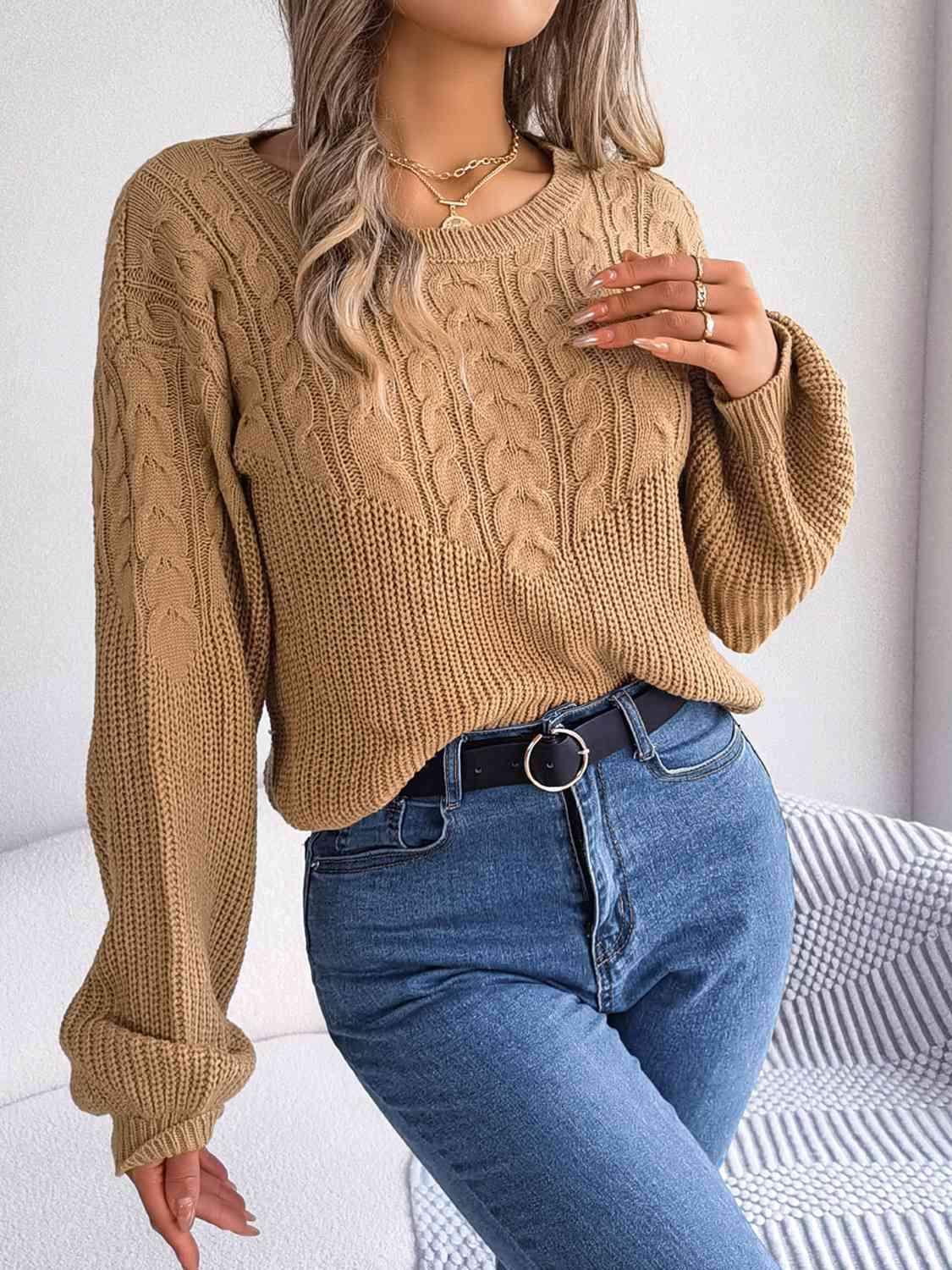 Cable-Knit Round Neck Drop Shoulder Sweater - Vesteeto