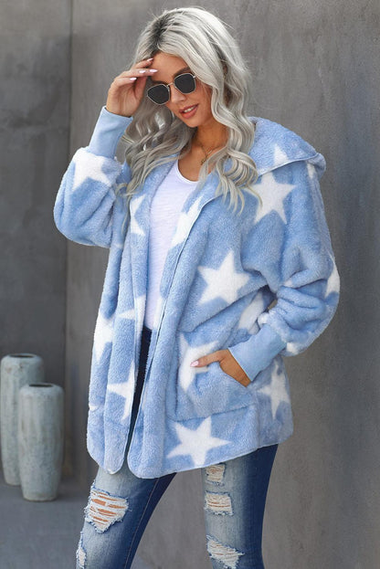 Star Open Front Fuzzy Hooded Jacket with Pockets - Vesteeto