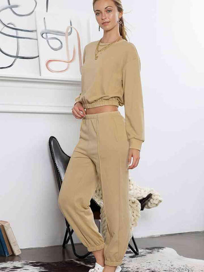 Round Neck Long Sleeve Cropped Top and Pants Set - Vesteeto