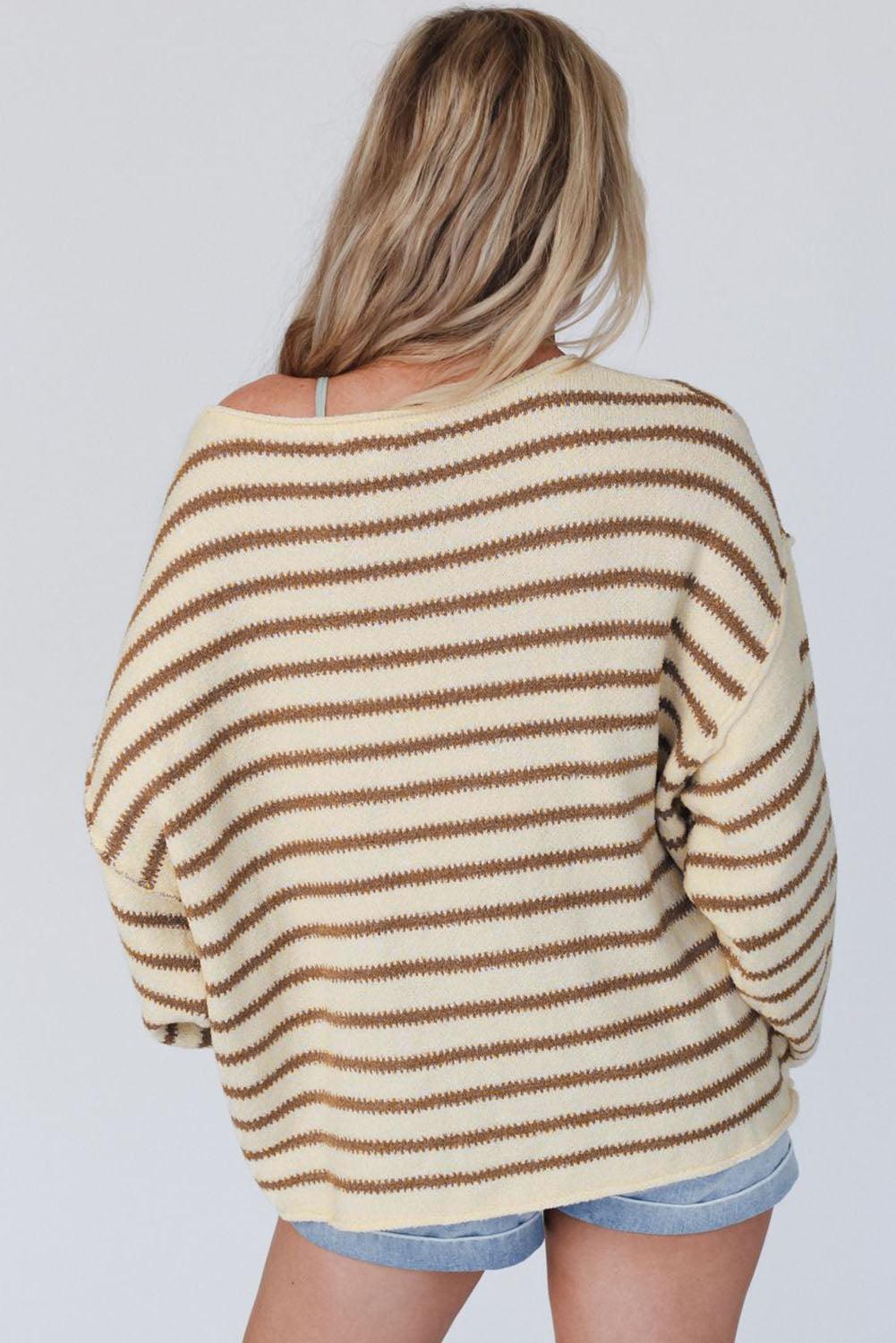 Boat Neck Long Sleeve Striped Sweater - Vesteeto