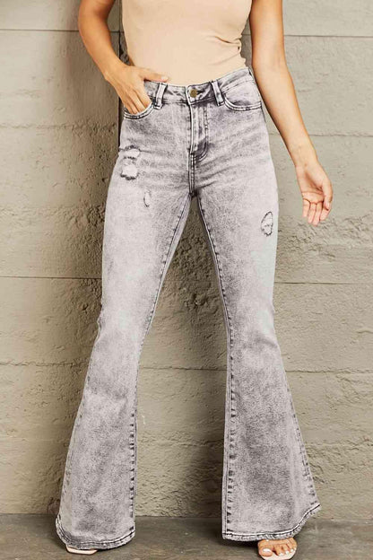BAYEAS High Waisted Acid Wash Flare Jeans - Vesteeto