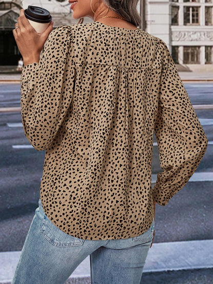 Leopard Notched Neck Puff Sleeve Blouse - Vesteeto