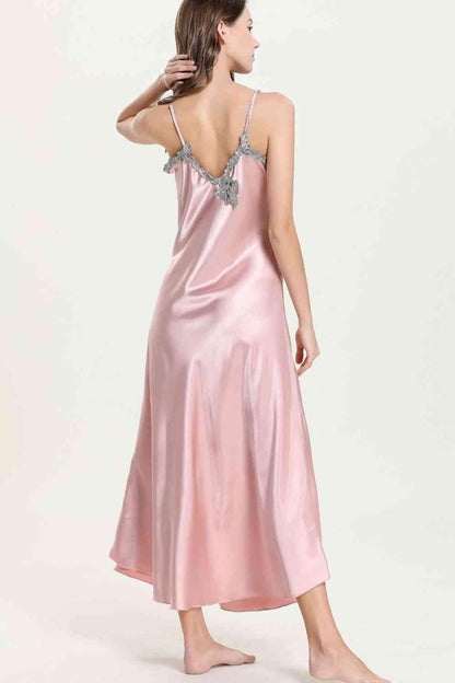 Full Size Lace Trim V-Neck Spaghetti Strap Satin Night Dress - Vesteeto