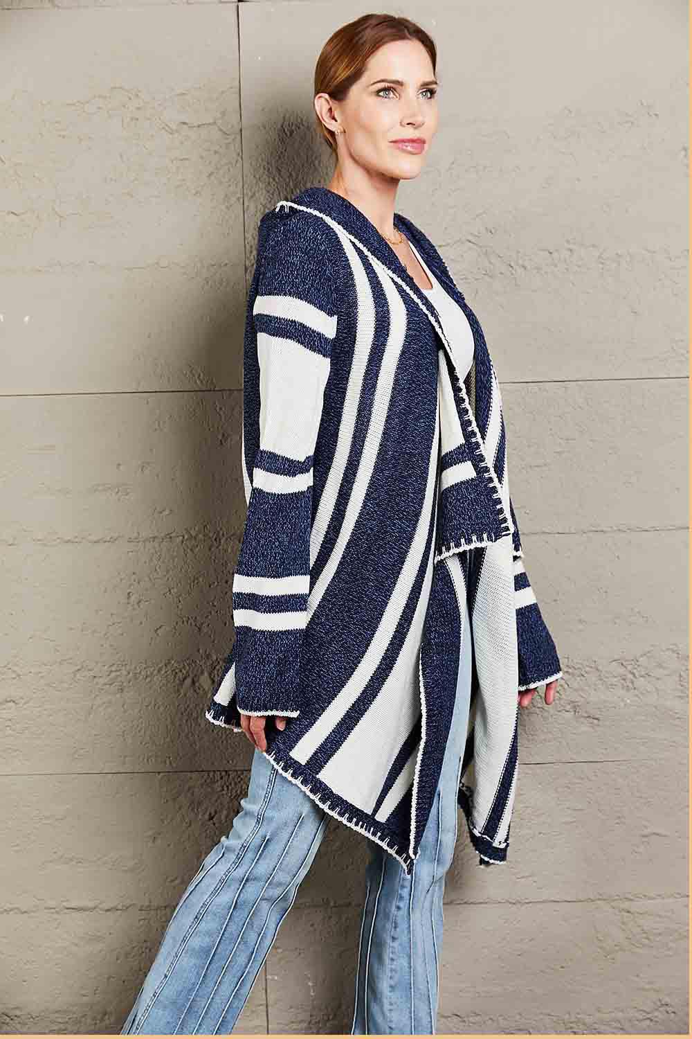 Woven Right Striped Open Front Hooded Cardigan - Vesteeto