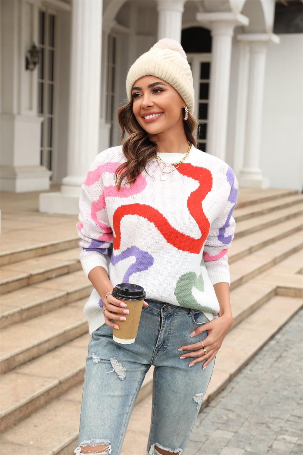 Printed Round Neck Dropped Shoulder Pullover Sweater - Vesteeto