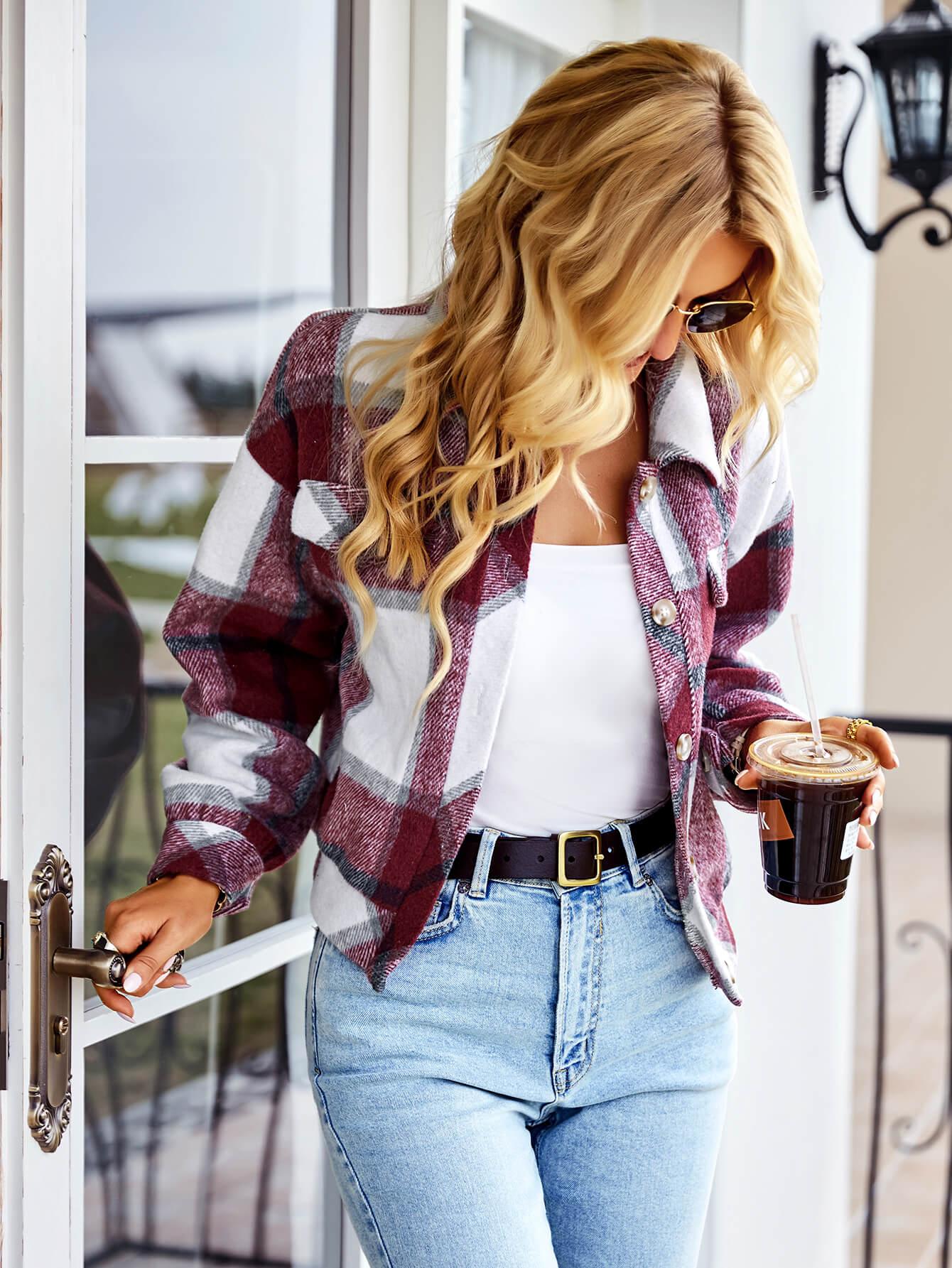 Double Take Plaid Button Front Dropped Shoulder Collared Jacket - Vesteeto