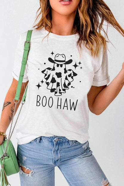 V-Neck Short Sleeve BOO HAW Ghost Graphic T-Shirt - Vesteeto
