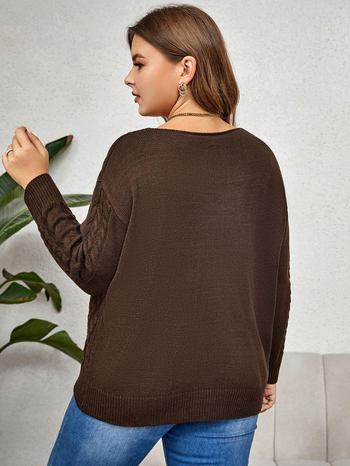 Plus Size V-Neck Cable-Knit Long Sleeve Sweater - Vesteeto