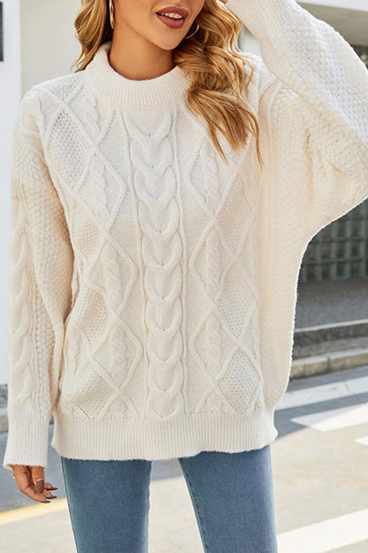 Cable-Knit Round Neck Long Sleeve Sweater - Vesteeto
