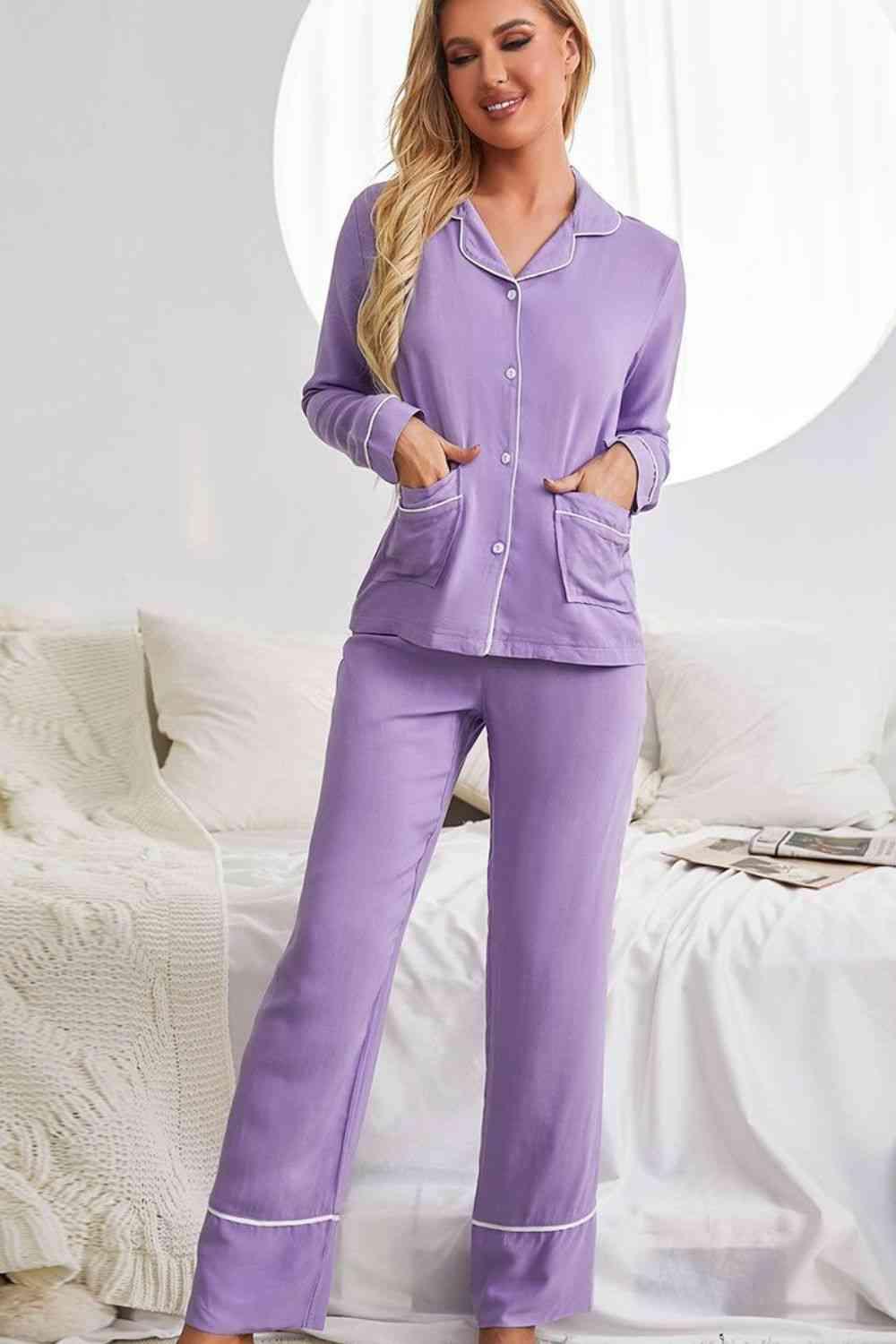Contrast Lapel Collar Shirt and Pants Pajama Set with Pockets - Vesteeto