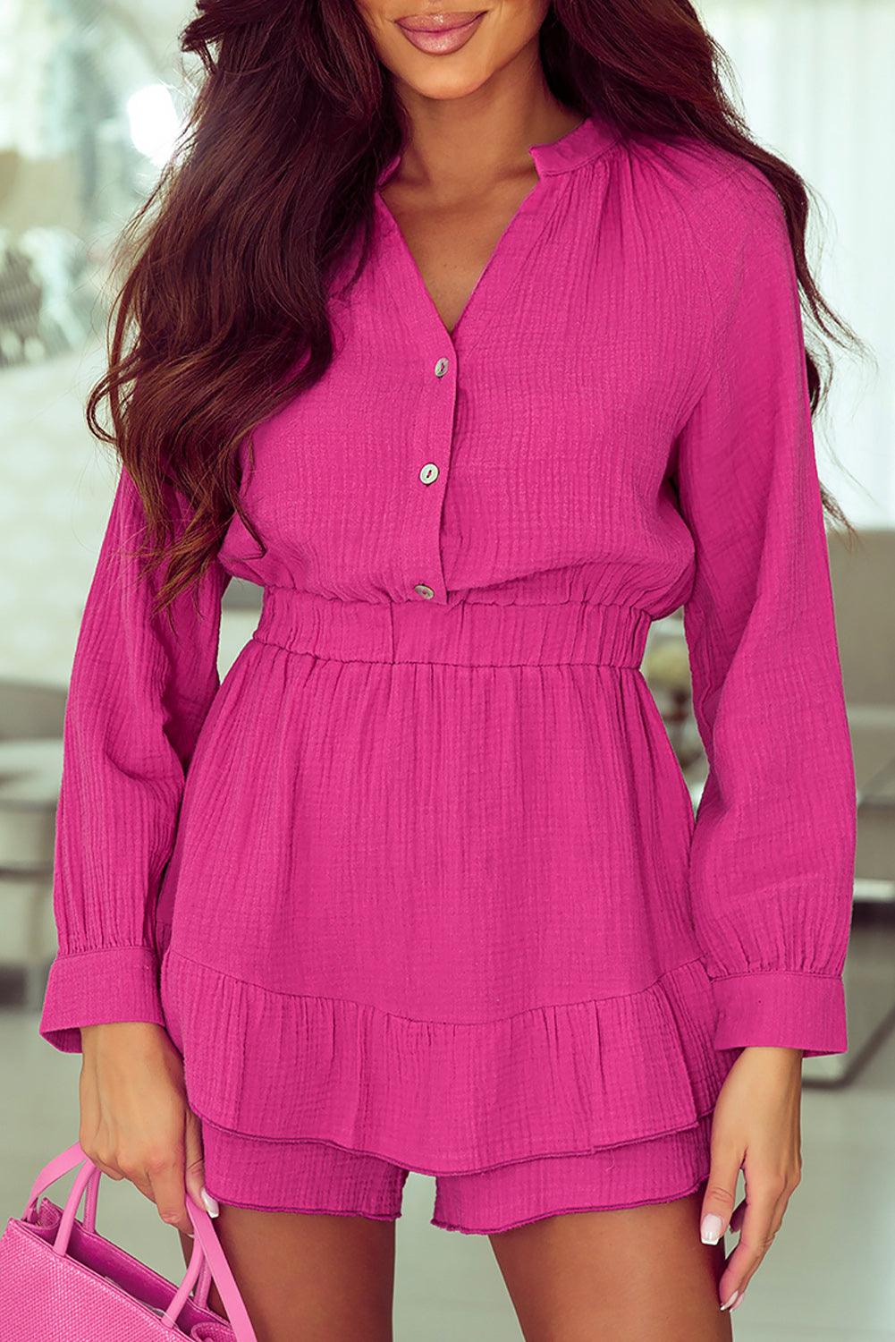 Buttoned Notched Neck Long Sleeve Romper - Vesteeto