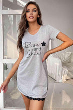 RISE AND SHINE Contrast Lace V-Neck T-Shirt Dress - Vesteeto