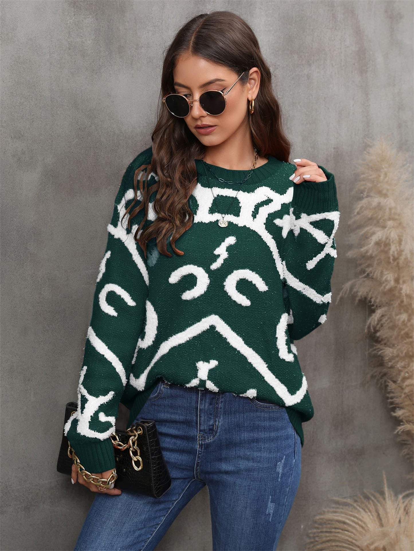 Printed Round Neck Dropped Shoulder Sweater - Vesteeto