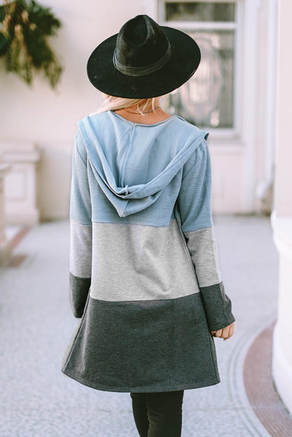 Color Block Long Sleeve Hooded Cardigan - Vesteeto