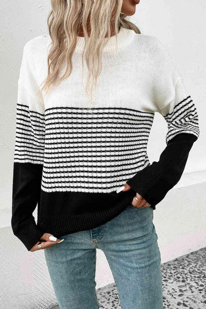Striped Drop Shoulder Sweater - Vesteeto