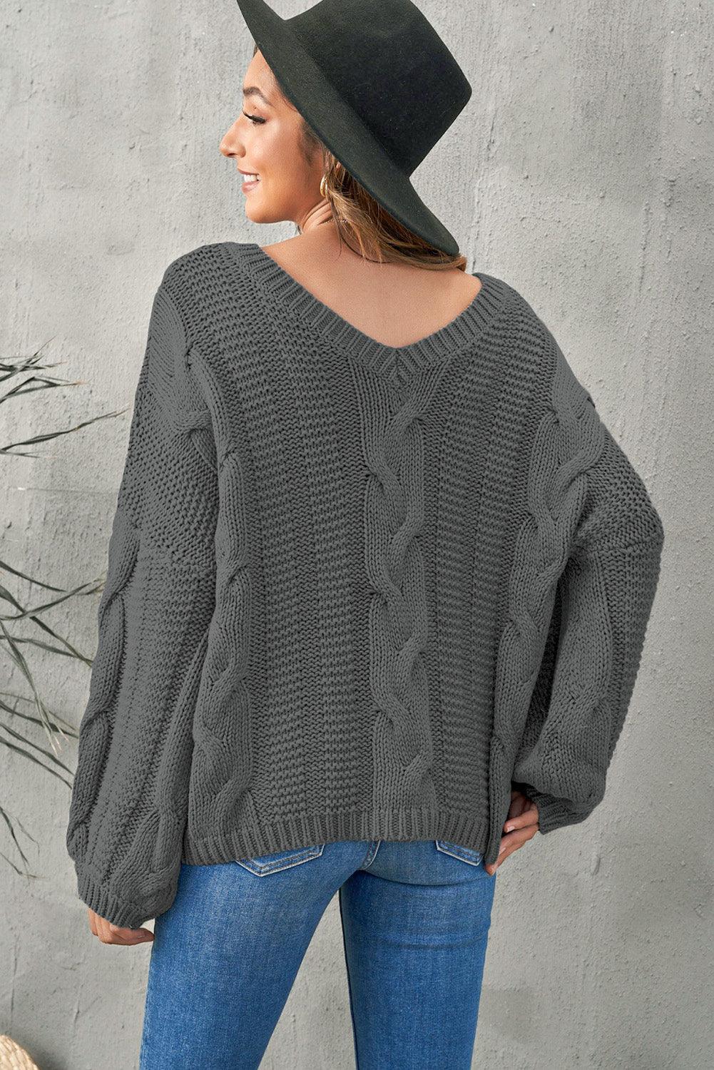 Cable Knit V-Neck Sweater - Vesteeto