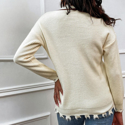 Frayed Detail V-Neck Sweater - Vesteeto